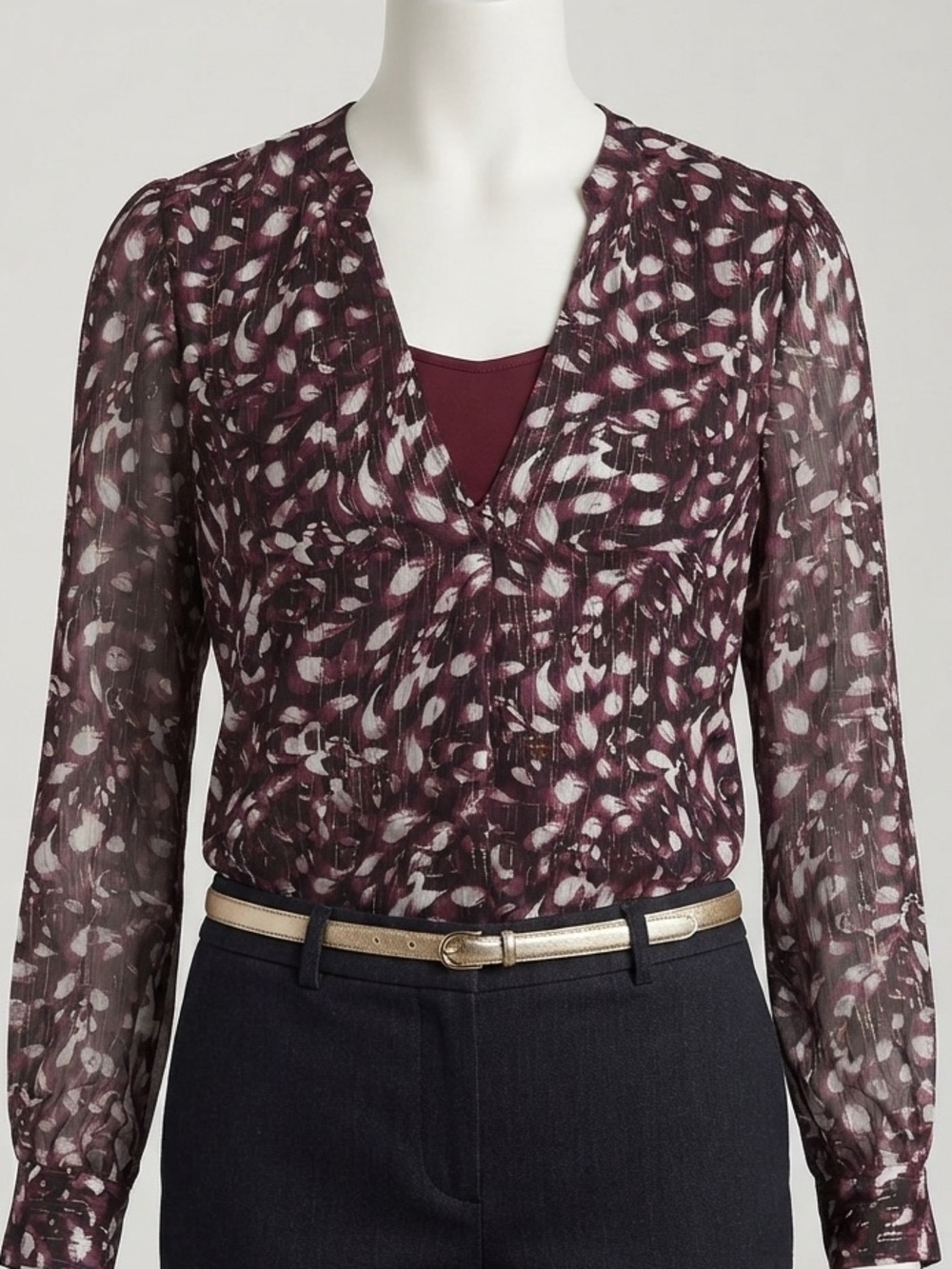 Ann Taylor Factory metallic thread Burgundy & White V-Neck Matching Cami size L